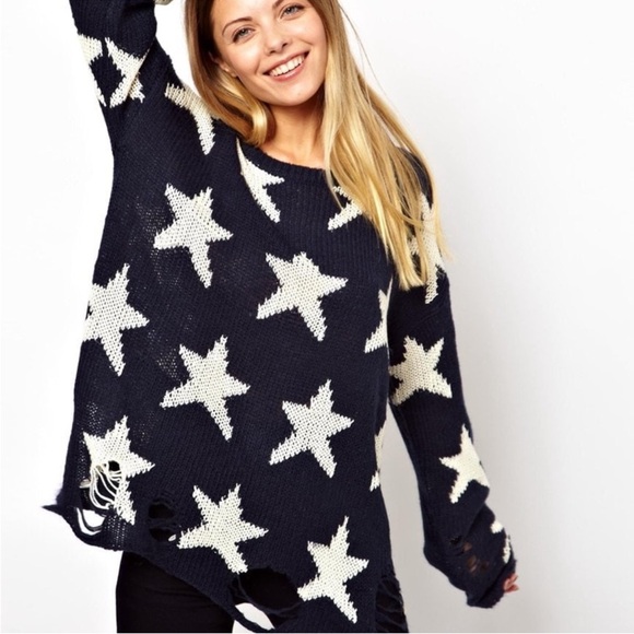 Wildfox Seeing Stars Lennon Sweater Distressed Navy Blue White Size L - Picture 1 of 9